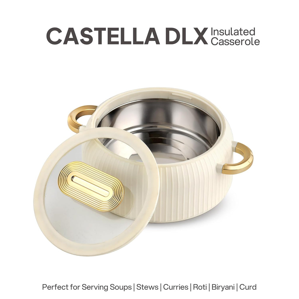 CELLO Castella Deluxe 1500 Insulated Steel Casserole Hot Box for Kitchen 1500 ml, Ivory |