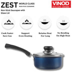 Vinod Zest Aluminium Non Stick Saucepan with Glass Lid - 1.6 Litre, 16cm | Milk/Tea Pan | Sauce Pot with Lid | 3mm Thick | 3 Layer Coating | Scratch Proof | 1 Year Warranty