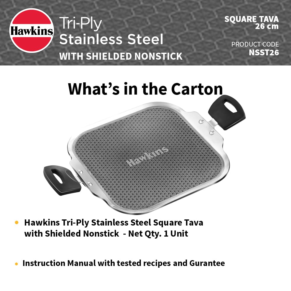 Hawkins 26 cm Triply with Shielded Nonstick Square Tava | Induction & Gas Compatible | Metal Spatula Safe, Durable Nonstick | | Silver (NSST26)