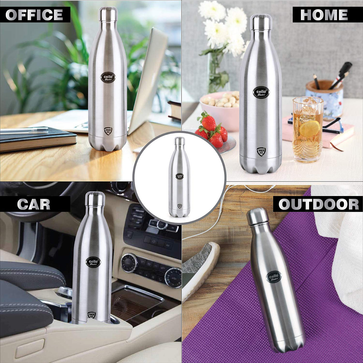 CELLO Swift Stainless Steel Hot and Cold Water Bottle 750 ml Silver | ISI Certified Spillproof Leakproof Double Wall Vacuum Insulated Thermos Flask Water Bottle for School Kids, Office Gym & Travel