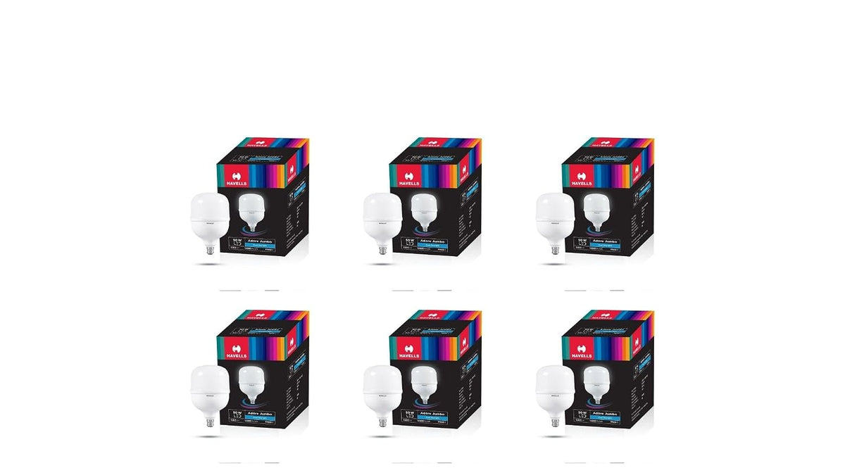 Havells 50W High Wattage Led Bulb | High CRI & High Efficiency | Energy Efficient | Mercury-Free | 4KV Surge Protection | 100 Lumens Per Watt |Cool Day Light (6500K) B22D (Pack Of 6)