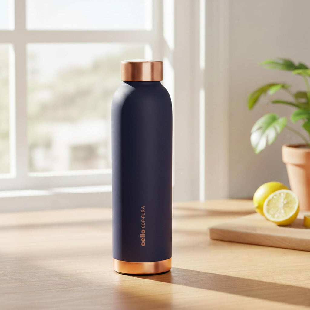 CELLO Evita Copper Water Bottle For Daily & Office Use 1000 ml, Blue | Leakproof & Rustproof ISI Certified Single Wall 100% Pure Copper Promotes Immunity, Improve Digestion & Supports Healthy Living