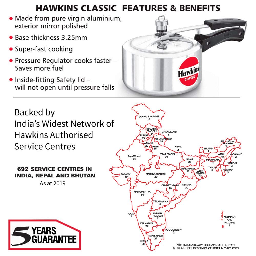 Hawkins Classic 2 Litre Pressure Cooker | Straight Body | Gas Compatible | Ideal for 2–3 persons | ISI Certified | 5 Year Guarantee | Silver (CL20)