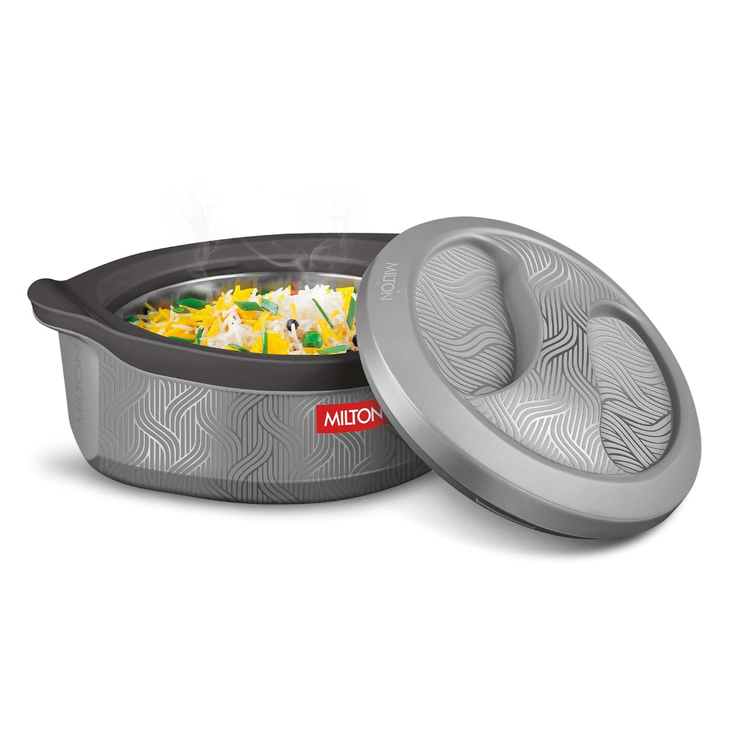 Milton Evoke Jr. Gift Set PU Insulated Inner Stainless Steel Casserole, Set of 3 (450 ml,850 ml,1240 ml), Grey