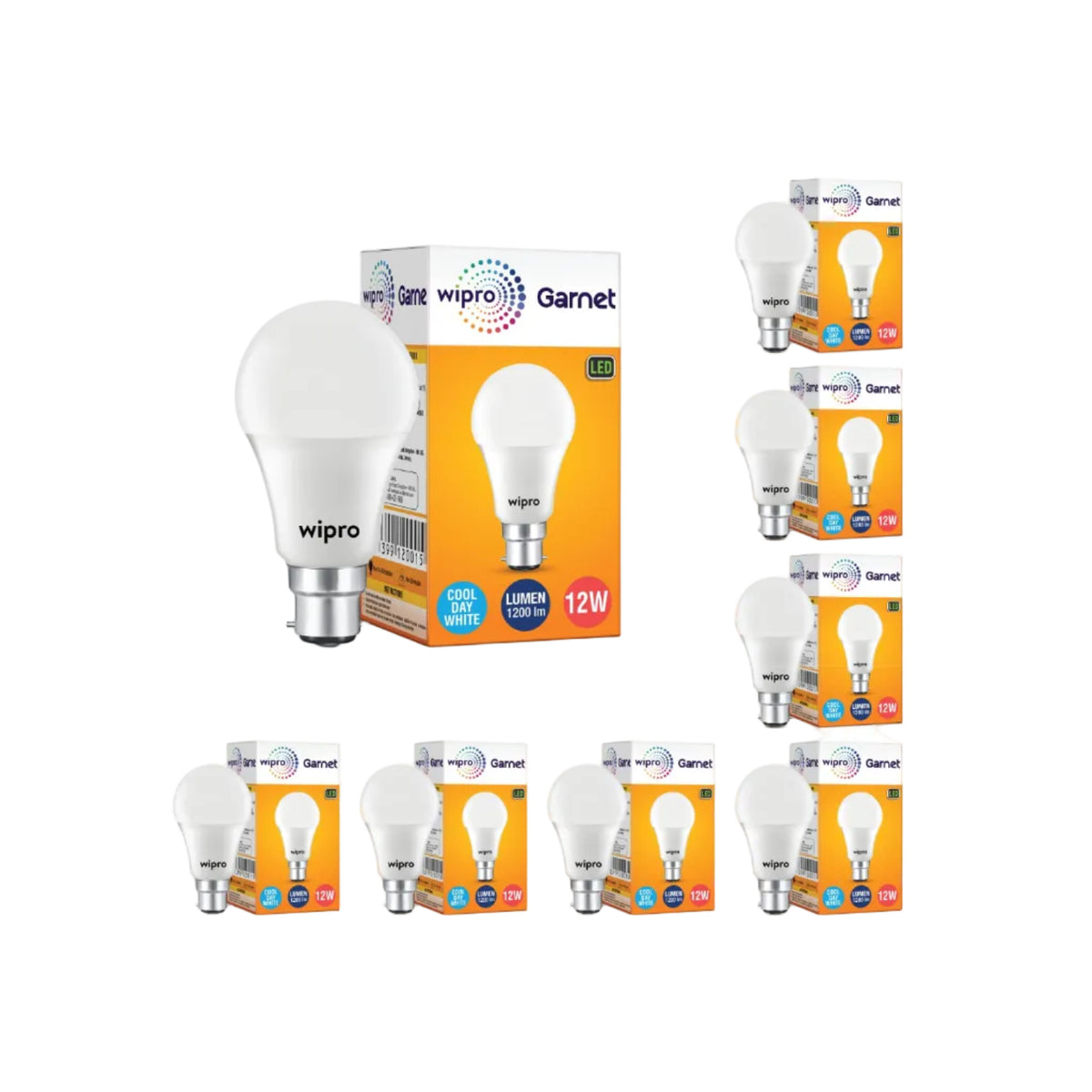 wipro Garnet Base B22 12-Watt LED Bulb (Pack of 8, Cool Day Light)