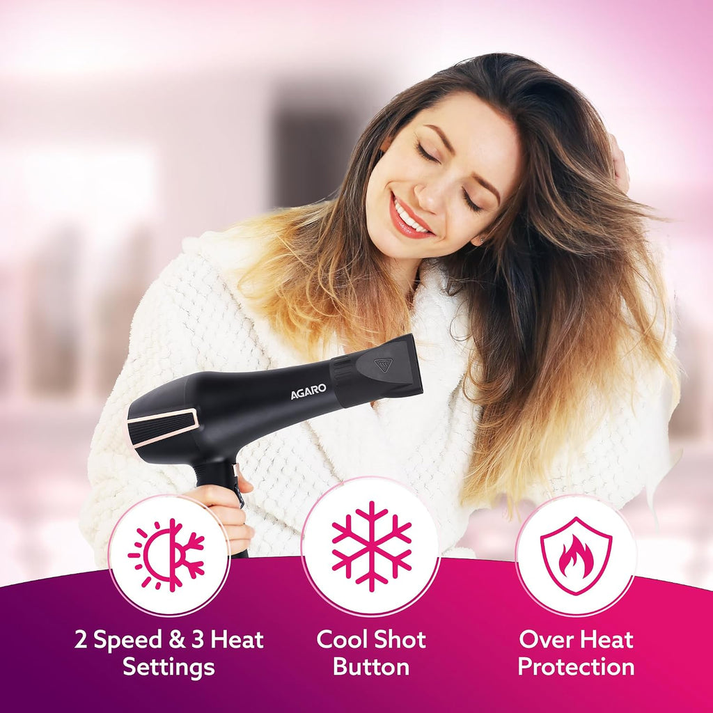 AGARO HD1128 Professional Hair Dryer, 2800 Watts, AC Motor, Concentrator Nozzle, Diffuser, Hot & Cold Air, 2 Speed & 3 Temperature Settings with...
