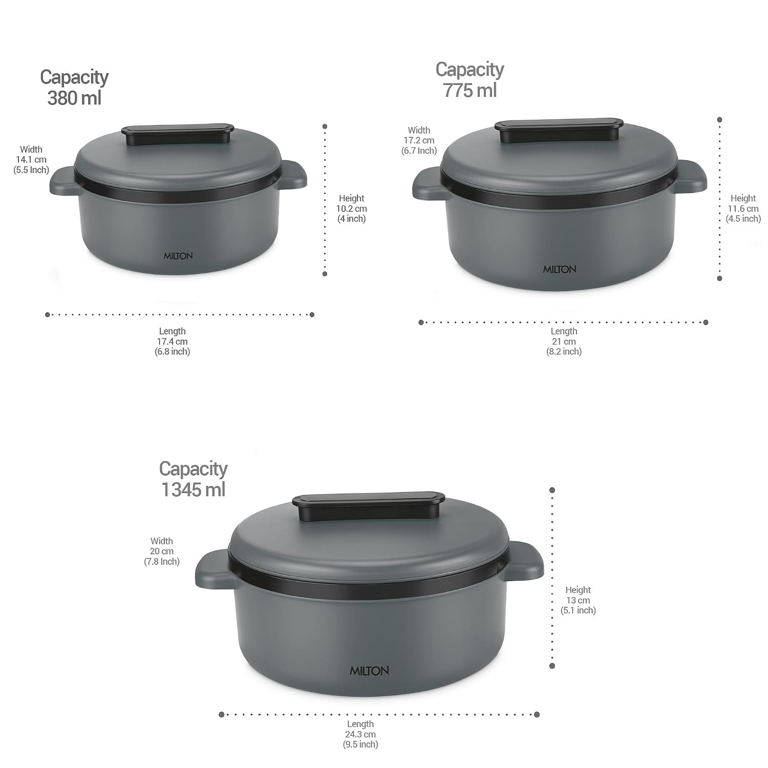 Milton Micronova Jr. Gift Set Inner Stainless Steel Casserole, Set of 3 (380 ml, 775 ml, 1345 ml)