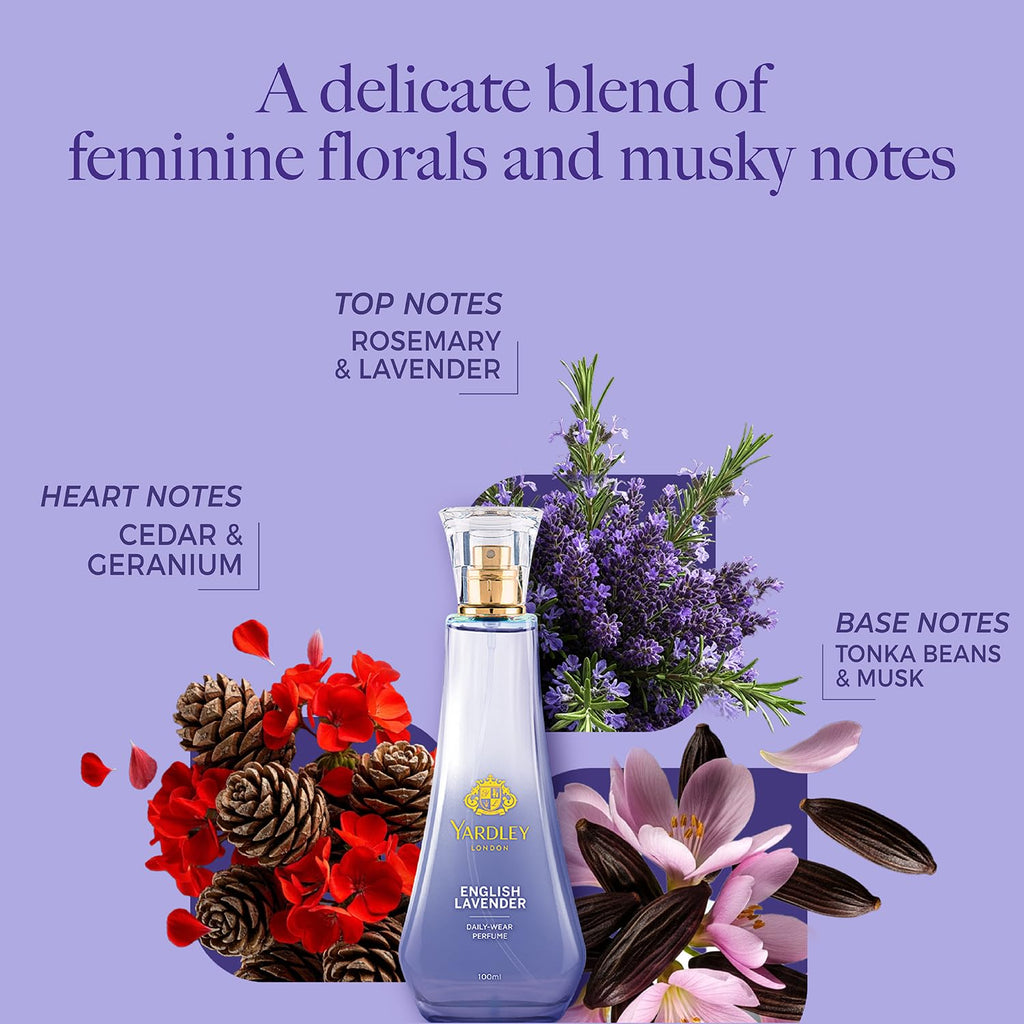 Yardley London English Lavender Perfume for Women, 50ml – 90% Naturally Derived, Daily Wear Spray | Lavender & Musk Fragrance