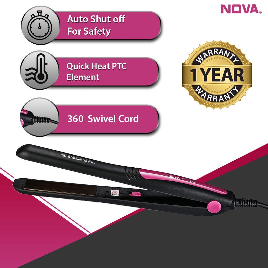 Nova Nhp 8100 Silky Shine 1200 Watts Hot And Cold Foldable Hair Dryer (Black) & Nhs - 840 Professional Series Straightener For Women (Pink)