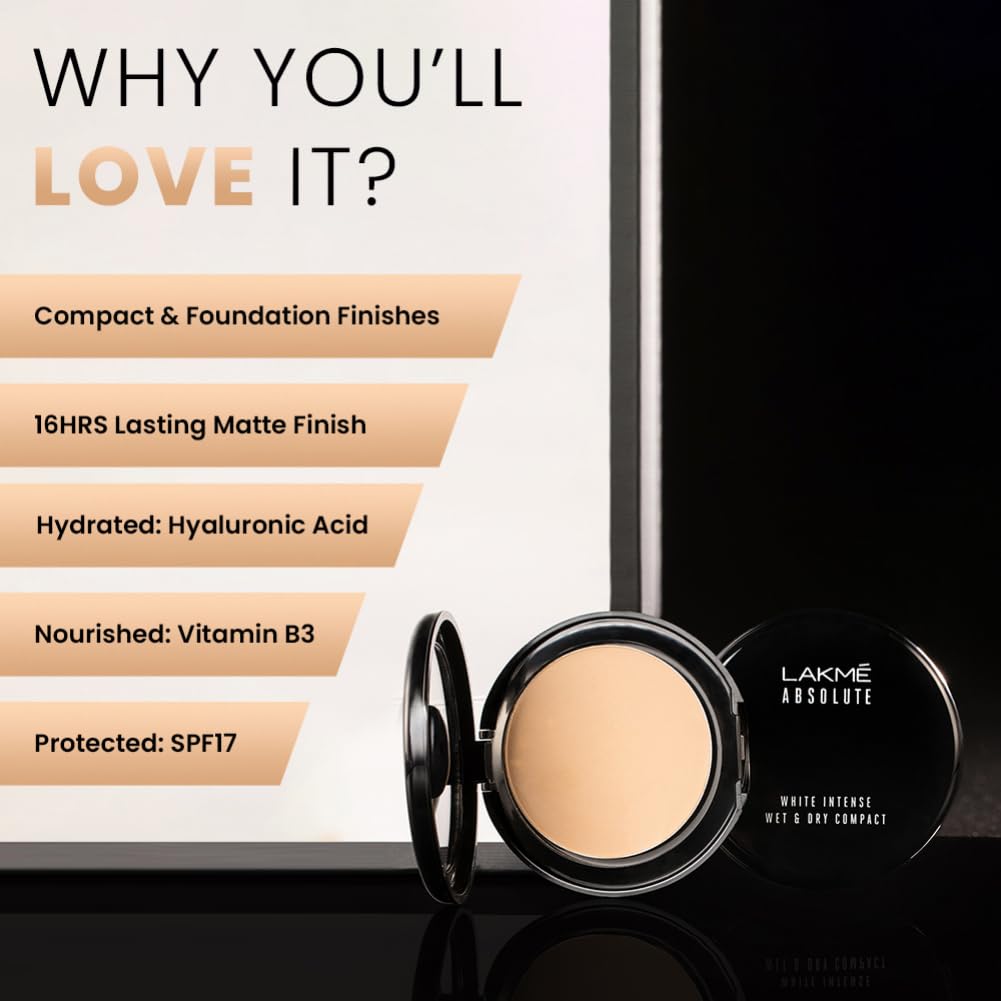 Lakme Absolute White Intense Wet & Dry Compact, Rose Fair 02, Long Lasting With Spf, 9 g