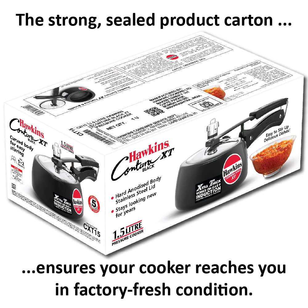 Hawkins 1.5 Litre Contura Black XT Pressure Cooker, Small Induction Cooker, Extra Thick Handi Cooker, Black (CXT15)