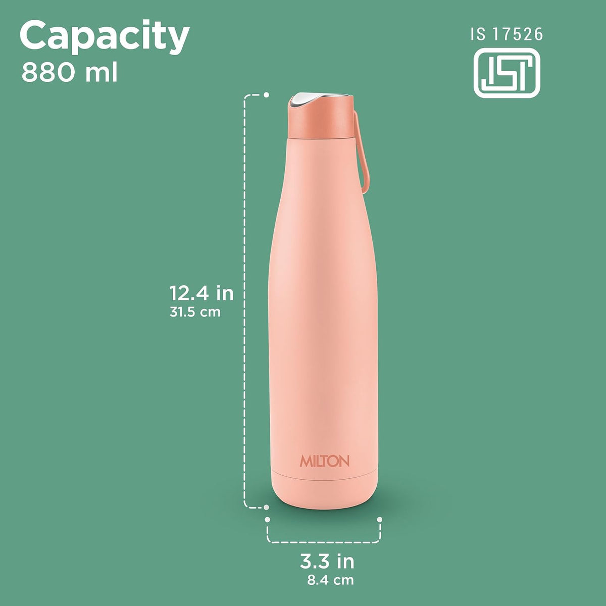 Milton Fame 1000 Thermosteel Water Bottle 880 ml, 24 Hr Hot and Cold I Leak Proof Lid, ISI Certified I Vacuum Insulated I for Office, Gym, School I Peach
