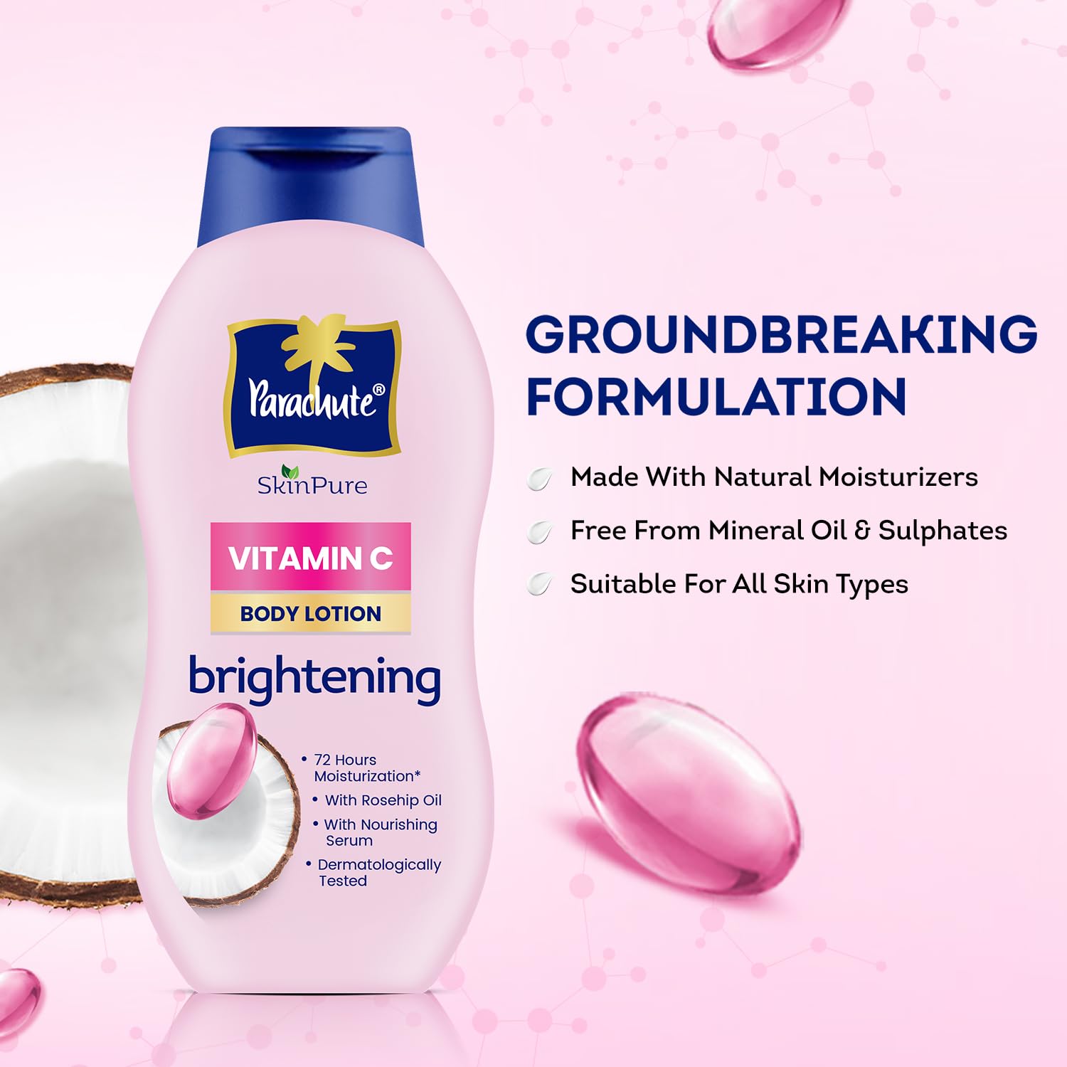 Parachute SkinPure Body Lotion with Vitamin C & Virgin Coconut Oil | Brightening Daily Moisturizer for Glowing Skin | Long-Lasting Hydration | Chemical-Free | Safe for All Skin Types | 400 ml