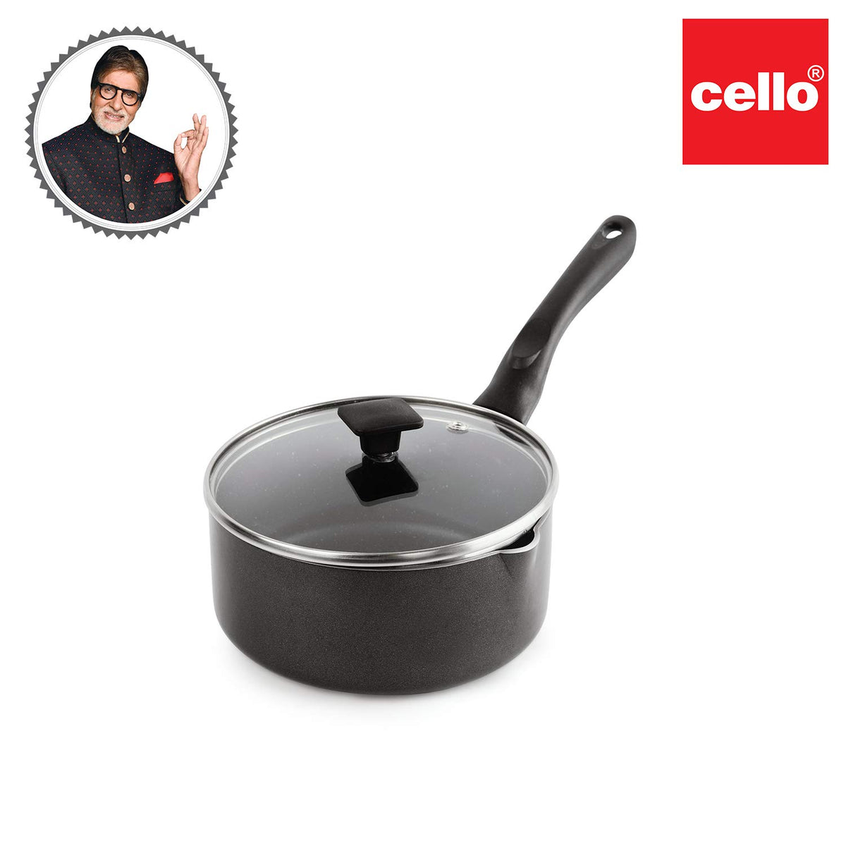 CELLO Aluminium Non-Stick Sauce/Milk Pan with Glass Lid for Kitchen 1.5 Litre, Black | PFOA Free, Bakelite Handle, Gas Stove & Induction Compatible Milk Tea Sauce Boiling Water Pans Pots for Cooking