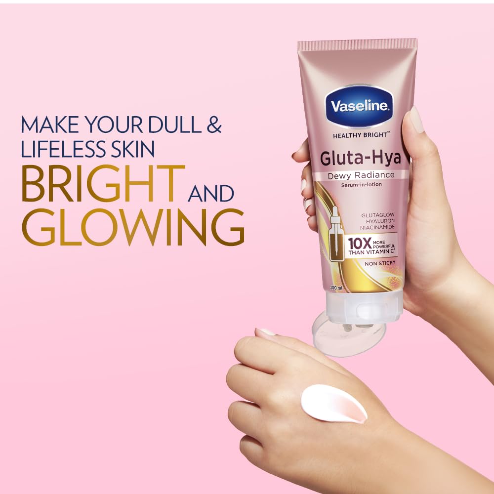 Vaseline Gluta-Hya Dewy Radiance Lotion for Face & Body | Gives Brighter Skin | Glutathione & Niacinamide Infused Moisturizer, 200ml