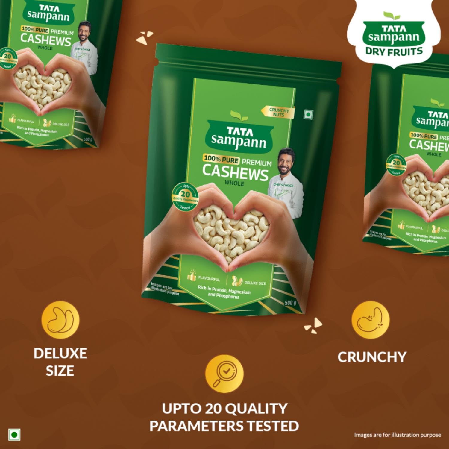 Tata Sampann Pure Cashews Whole/Kaju, 500g,