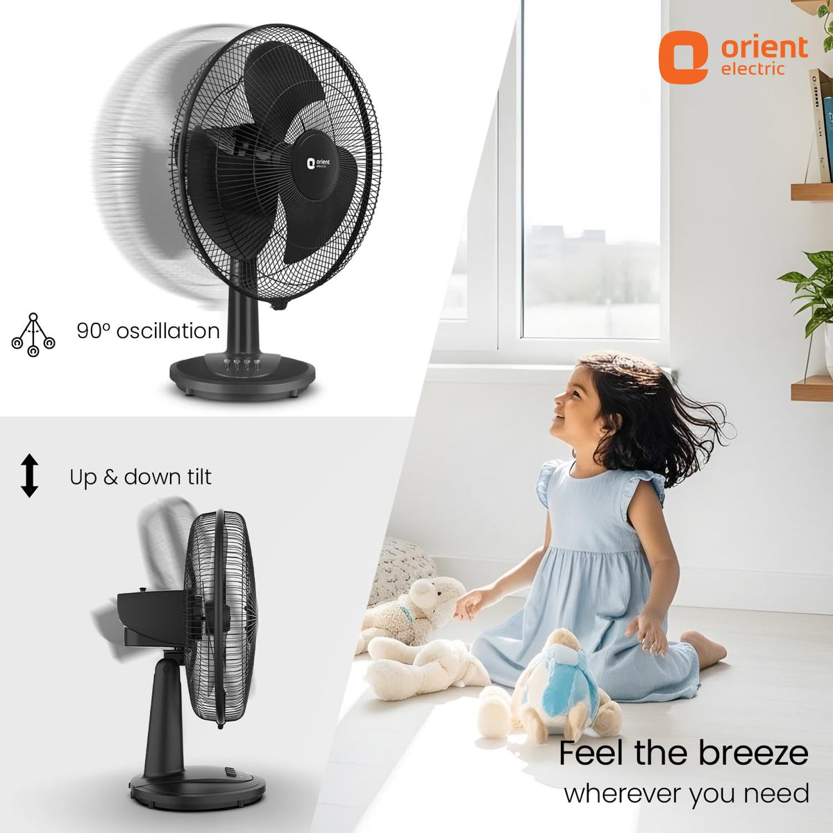 Orient Electric 400 mm Table 77 | High Speed Table Fan for Home|100% Copper Motor with Thermal Overload Protection | 90 Degree Oscillation | 3 Speed Control | Military Grade Guard | Black