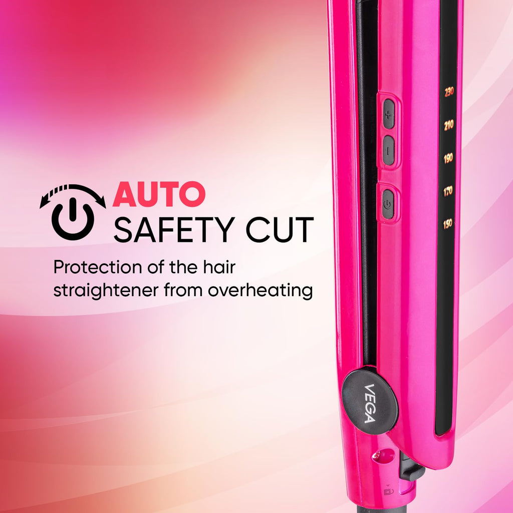 Vega Trendy Hair Straightener for Men and Women with Ceramic Coated Floating Plates, Temperature Setting