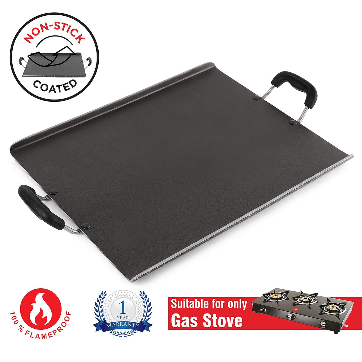 CELLO Aluminium Non-Stick Induction Base Square Dosa Patri Tawa 35 CM, Black |