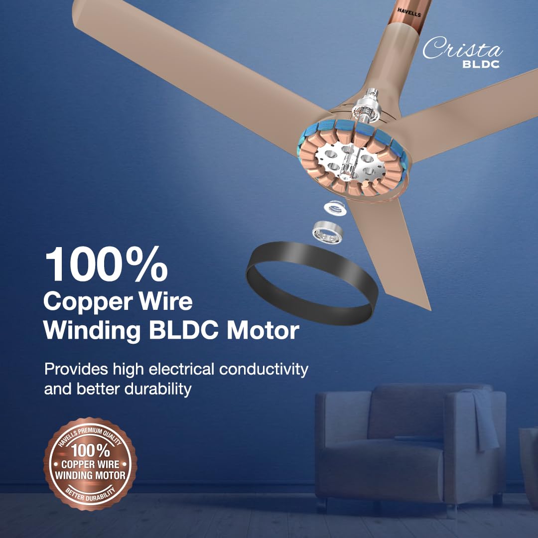 Havells 1200mm Crista Bldc Motor Ceiling Fan|Premium Finish With Rf Remote,100% Copper,Upto 60% Energy Saving|Low Noise: 55Db,2 Year Warranty,Dust...