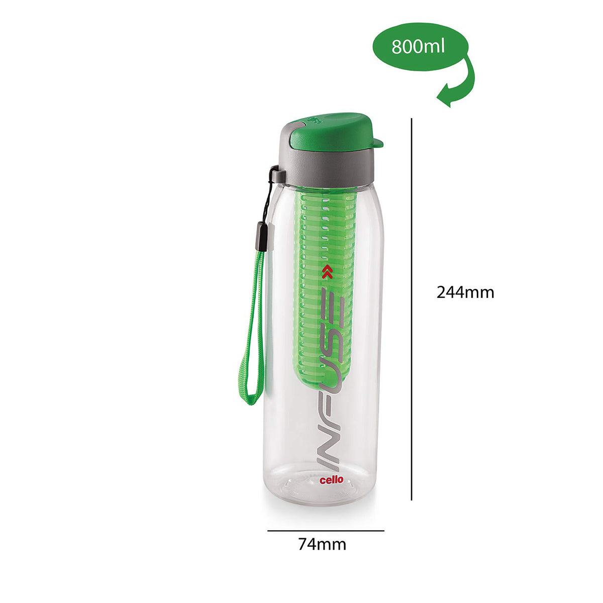 CELLO Fruit Infuser Water Bottle 800ml, Green | Wide Sealed Flip-Top Cap, Leak-Proof & Durable | Airtight, Reusable | Detox Infuser Bottle for Fridge, Gym, Office, Travel, Kitchen & Trekking