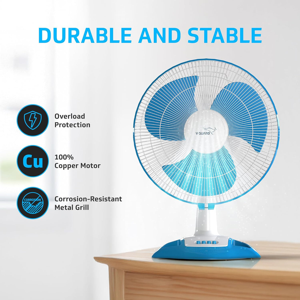 V-Guard Gatimaan High Speed 400mm Table Fan|2100 RPM Motor|White Blue