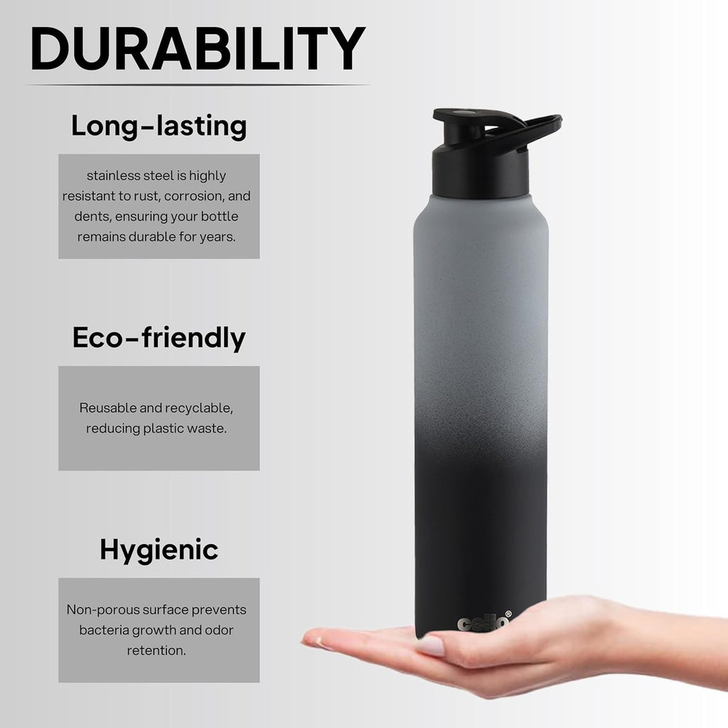 CELLO Aqua Pro Max Stainless Steel Water Bottle 1000 ml Black & Grey | ISI Certified Single Wall Rust & Leakproof Fridge Safe Stylish Easy Grip Colorful Steel Water Bottle For Office & Daily Use