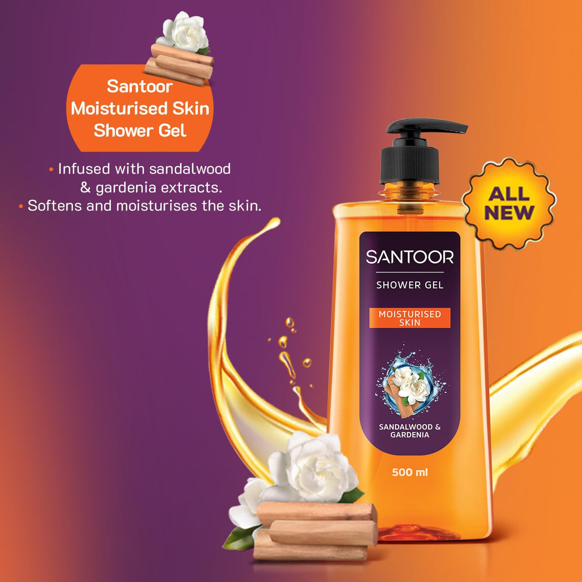 Santoor Moisturizing Shower Gel With Natural Sandalwood & Gardenia Extracts| For Men & Women| Moisturizing Body Wash With Glycerin | Suitable For All Skin Types| No Parabens| No Silicones| 500ml