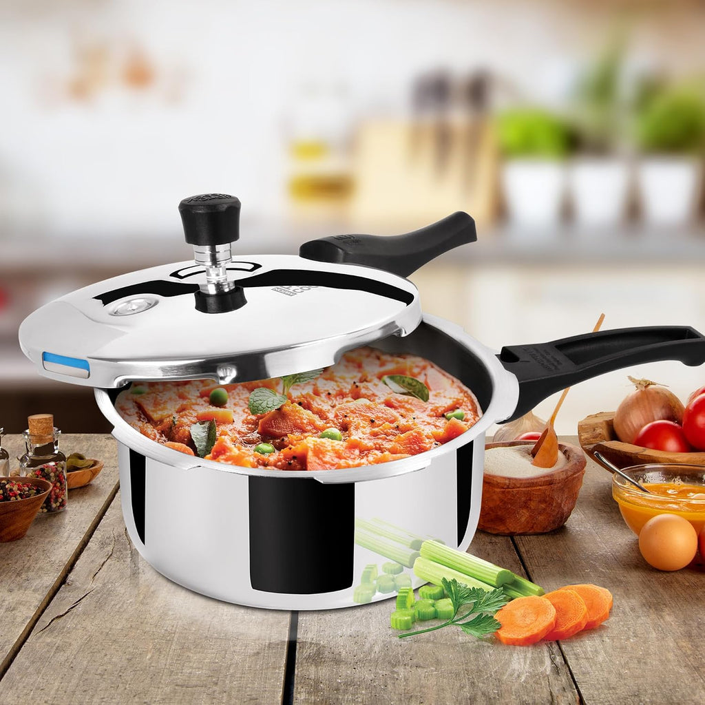 Milton Pro Cook Triply Pressure Cooker Stainless Steel with Outer Lid, 2 Litres, Induction and Gas Stove Compatible, Gasket Release System, 5 Years Warranty, ISI Certified, Silver