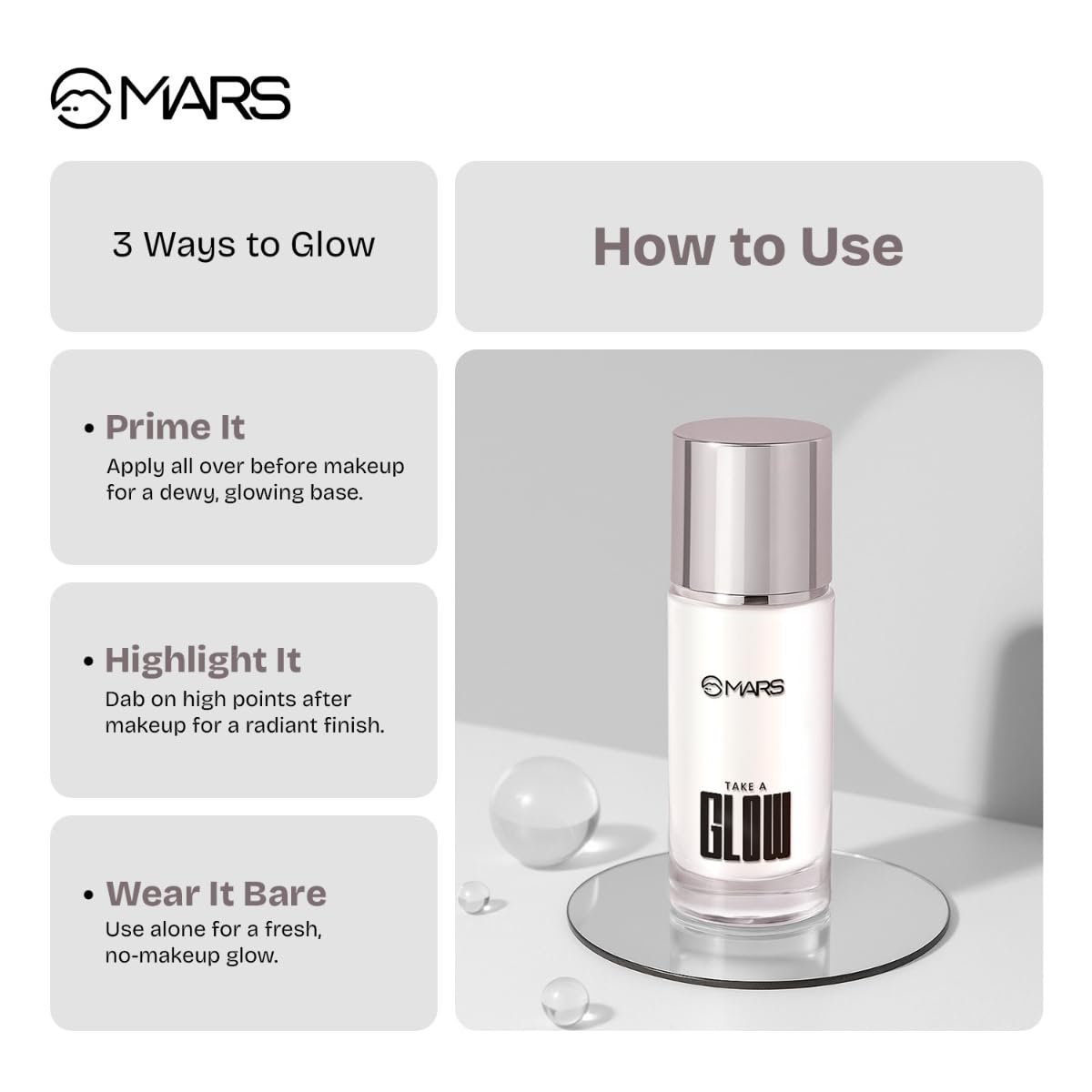 MARS Take A Glow Illuminating Primer + Strobe Cream | 3-in-1 Formula: Moisturiser, Face Primer & Highlighter ,30ml