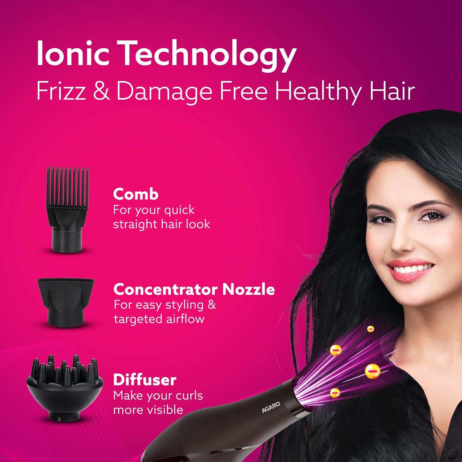 AGARO 2000W AC Professional Hair Dryer with Comb, Concentrator & Diffuser Nozzles, Hot & Cold Air, 16A Plug, 2 Speed & 3 Temperature Settings, Cool Shot, Hair Dryer & Blower for Men & Women HD-1120