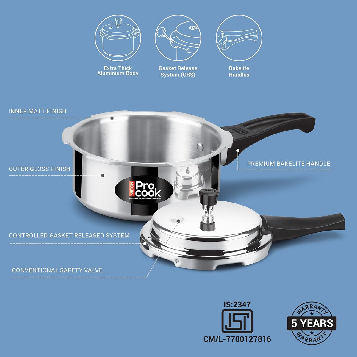 Milton Procook 2L Aluminium Pressure Cooker with Outer Lid, Non-Induction Base, Silver Finish, Durable and Efficient Cooking Solution for Everyday Meals, ISI Certified, 5 Years Warranty