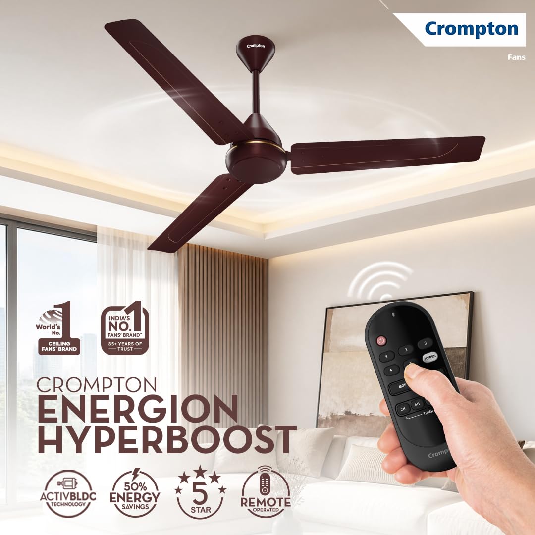 Crompton Energion Hyperboost 1200mm BLDC Ceiling Fan | Point Anywhere Remote Control | BEE 5 Star Rated Energy Efficient | Superior Air Delivery | 2 Year Brand Warranty | Lustre Brown