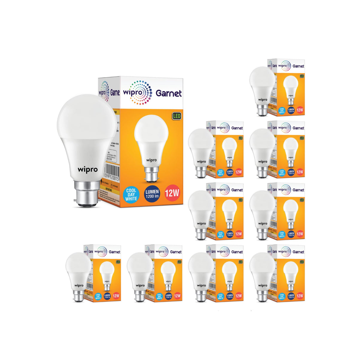 wipro Garnet Base B22 12-Watt LED Bulb (Pack of 10, Cool Day Light)