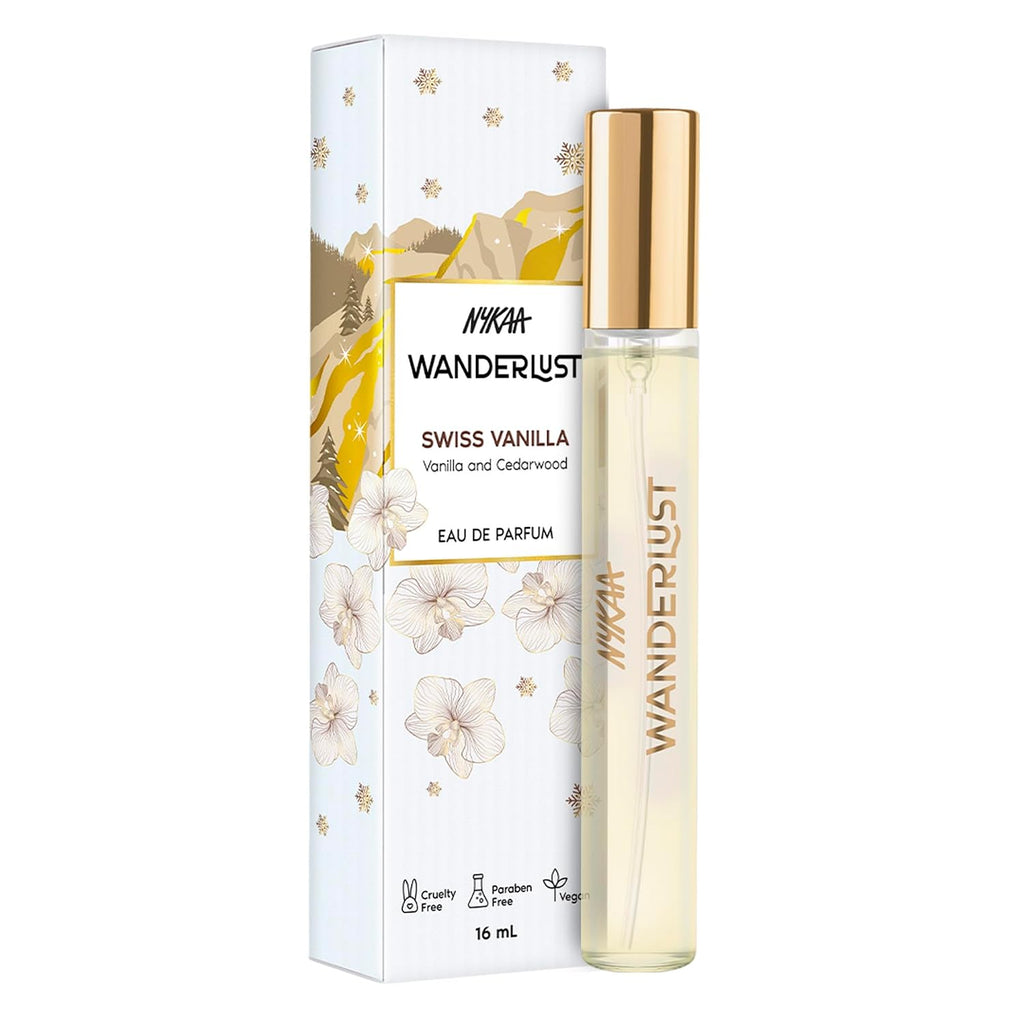 Nykaa Wanderlust Swiss Vanilla Eau De Parfum, Warm Vanilla and Cedarwood Fragrance, Long Lasting Scent, Travel Friendly, Vegan and Cruelty Free, 16ml