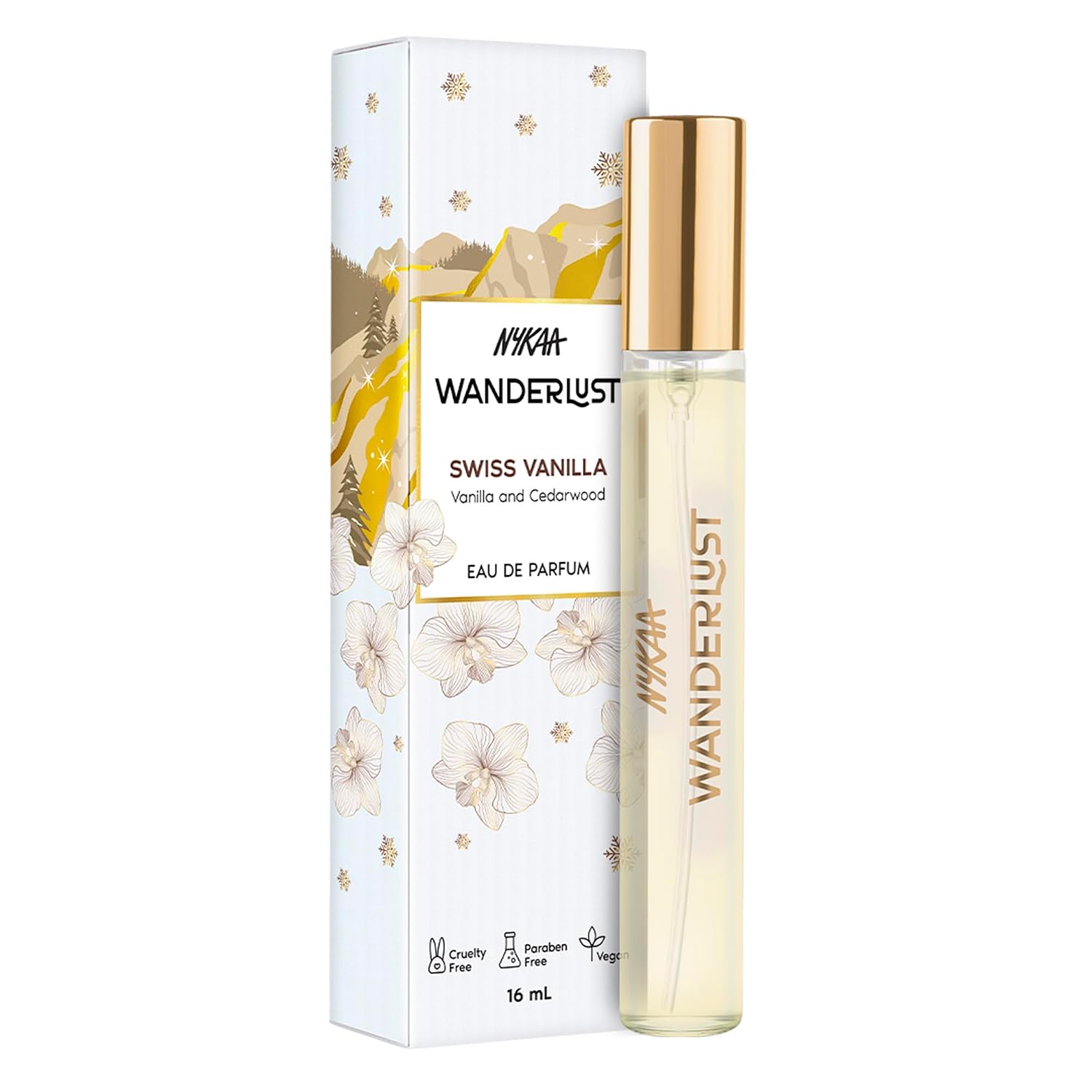 Nykaa Wanderlust Swiss Vanilla Eau De Parfum, Warm Vanilla and Cedarwood Fragrance, Long Lasting Scent, Travel Friendly, Vegan and Cruelty Free, 16ml
