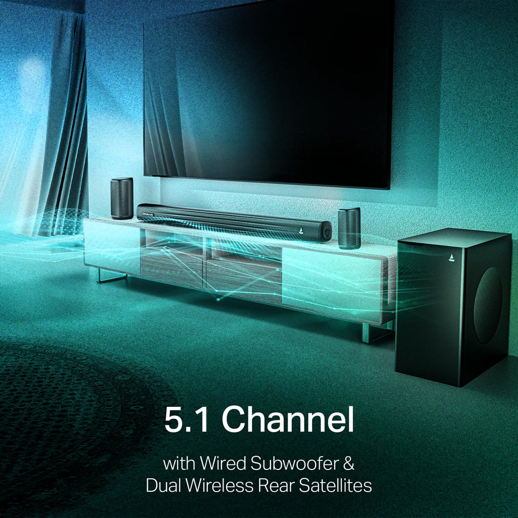 boAt Aavante Prime 5.1 5050D, Dolby Audio, 500W, 5.1CH, Wireless Satellites & Subwoofer, Free Installation & Video Demo, Bluetooth Sound bar, Home Theatre Soundbar Speaker (Premium Black)