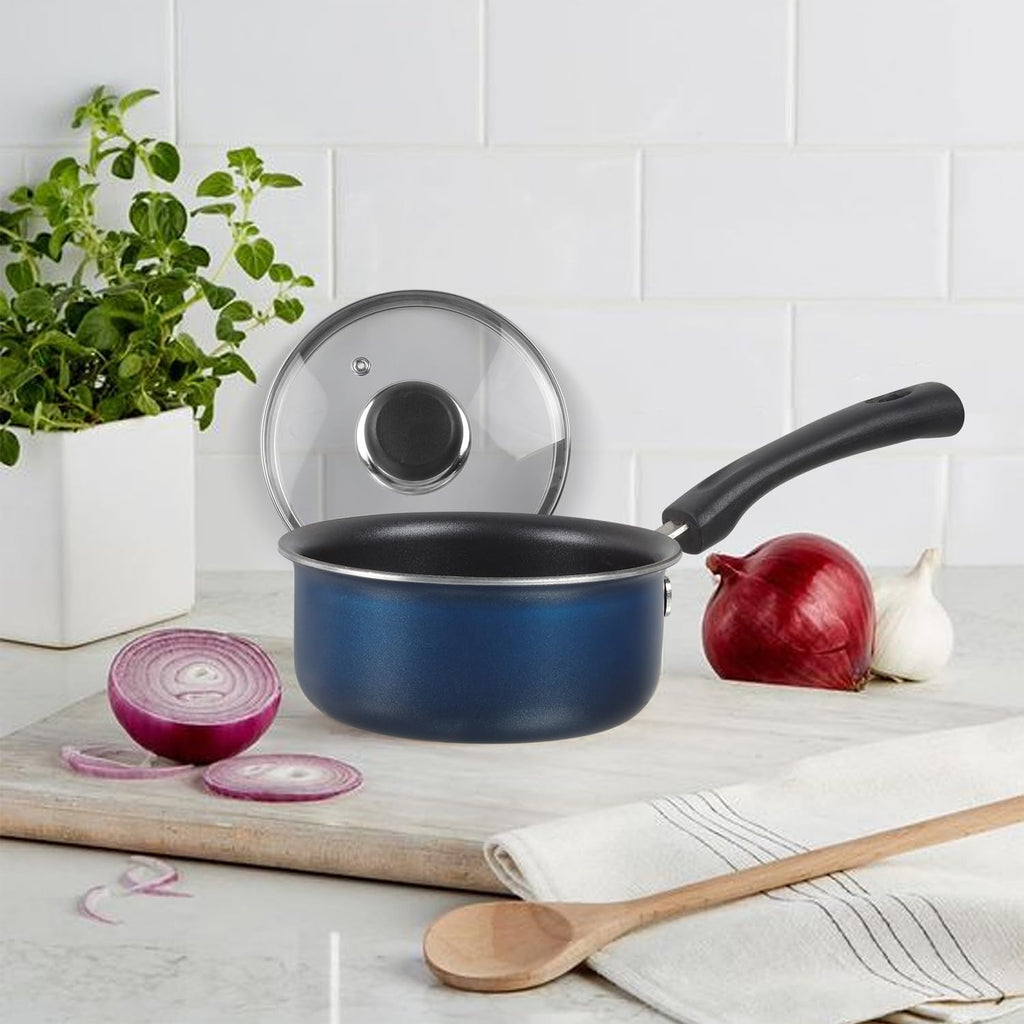 Vinod Zest Aluminium Non Stick Saucepan with Glass Lid - 1.6 Litre, 16cm | Milk/Tea Pan | Sauce Pot with Lid | 3mm Thick | 3 Layer Coating | Scratch Proof | 1 Year Warranty