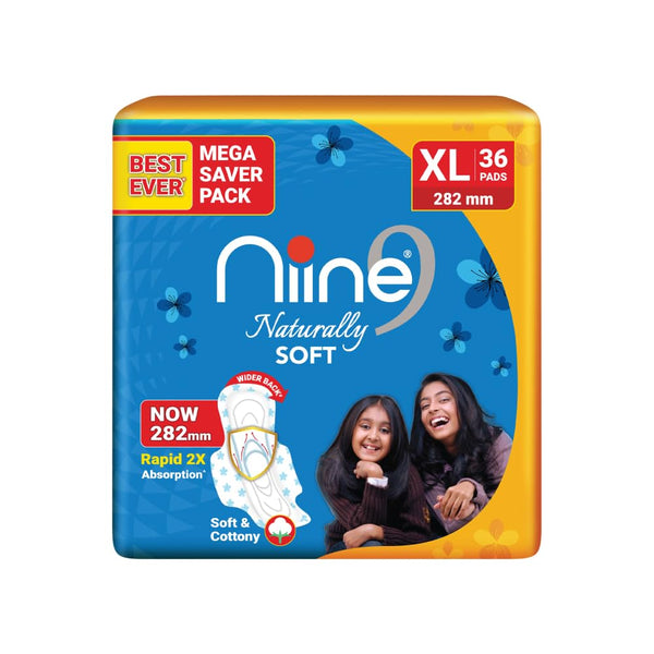 NIINE Naturally Soft XL Sanitary Pads for Women | 282mm Long | Cottony Soft Top Cover | Anti Leak Lock Channel| 2X Absorbent| for Heavy Flow| 36 Pads