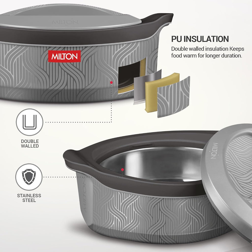 Milton Evoke Jr. Gift Set PU Insulated Inner Stainless Steel Casserole, Set of 3 (450 ml,850 ml,1240 ml), Grey