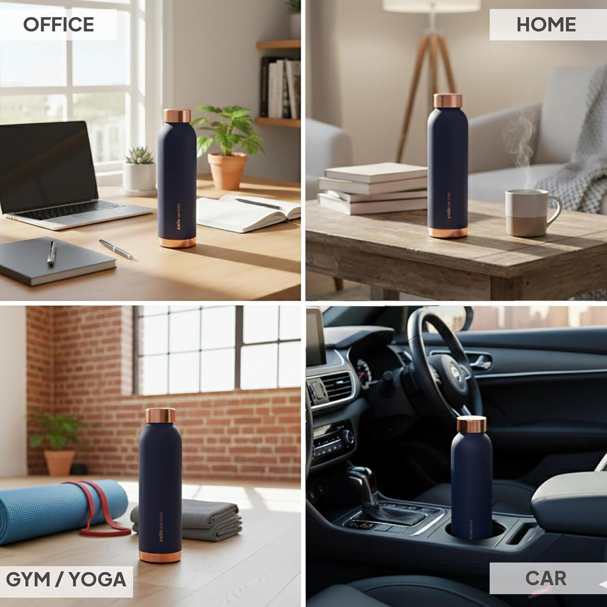 CELLO Evita Copper Water Bottle For Daily & Office Use 1000 ml, Blue | Leakproof & Rustproof ISI Certified Single Wall 100% Pure Copper Promotes Immunity, Improve Digestion & Supports Healthy Living