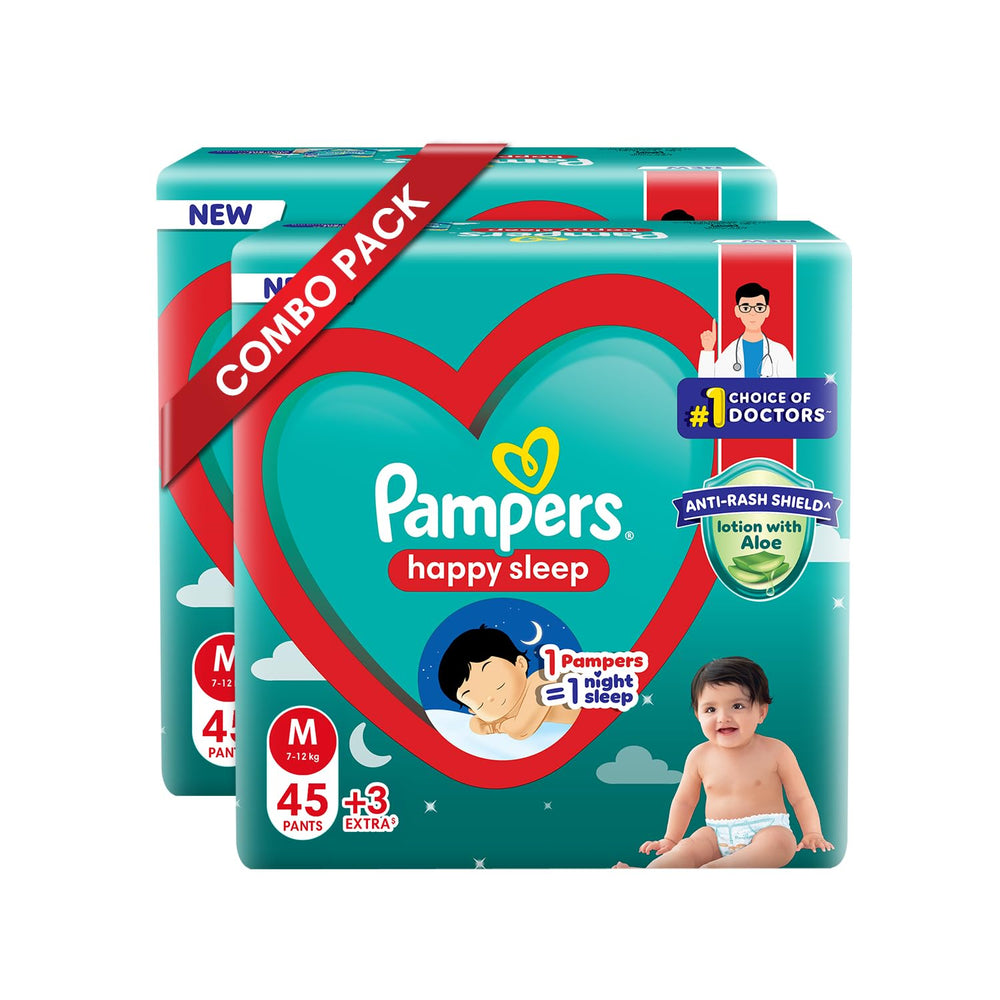 Pampers Happy Sleep Pant Style Baby Diapers, Medium (M), 100 Count, 1 Pampers : 1 Night Sleep, with Anti Rash Shield, 7-12 Kg Diapers