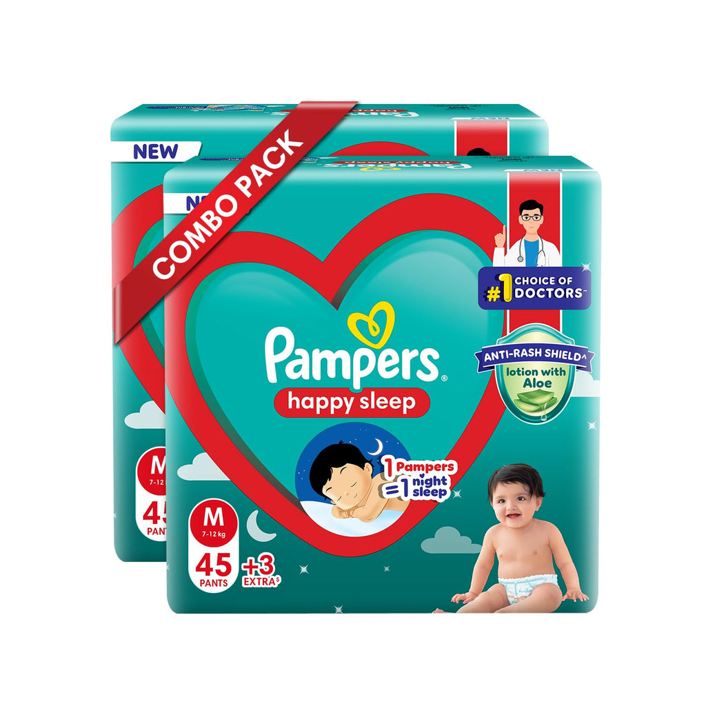 Pampers Happy Sleep Pant Style Baby Diapers, Medium (M), 100 Count, 1 Pampers : 1 Night Sleep, with Anti Rash Shield, 7-12 Kg Diapers
