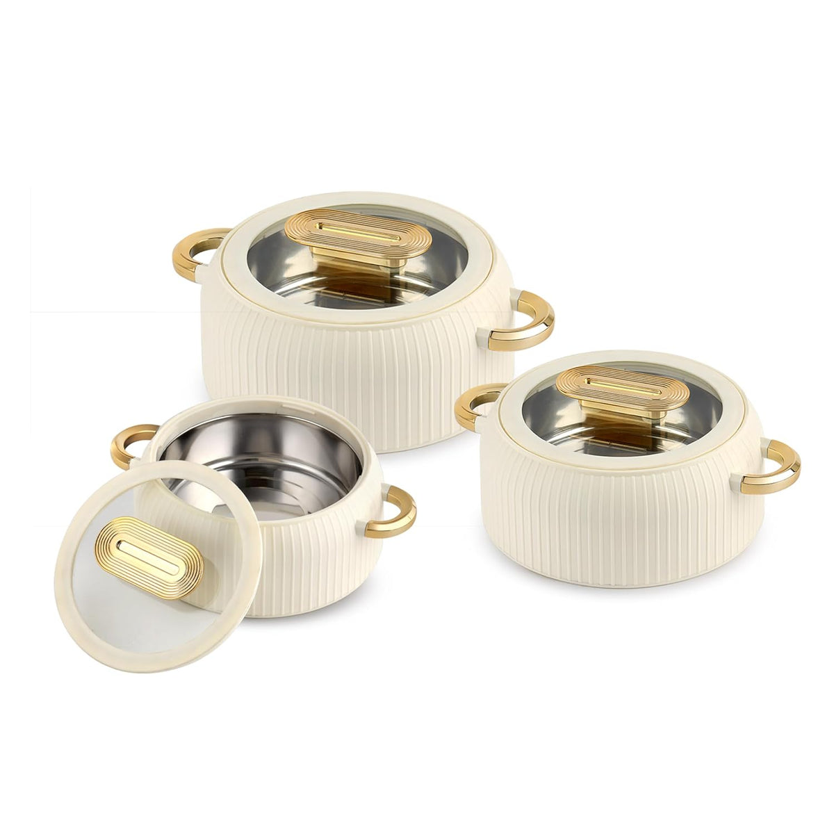 CELLO Castella Deluxe Insulated Steel Casserole Case Set of 3 Pcs, Ivory (1000ml, 1500ml, 2500ml) |