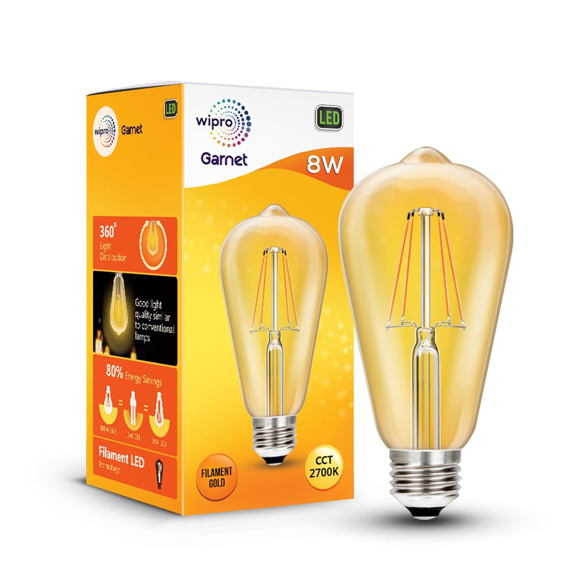 Wipro Garnet 8W ST64 LED Filament Bulb | Decorative LED Bulb for Home & Office Decoration | Energy Efficient Filament Bulb comes with In-Built Surge Protection | E27 Bulb, 2700K(Warm White, Pack of 1)
