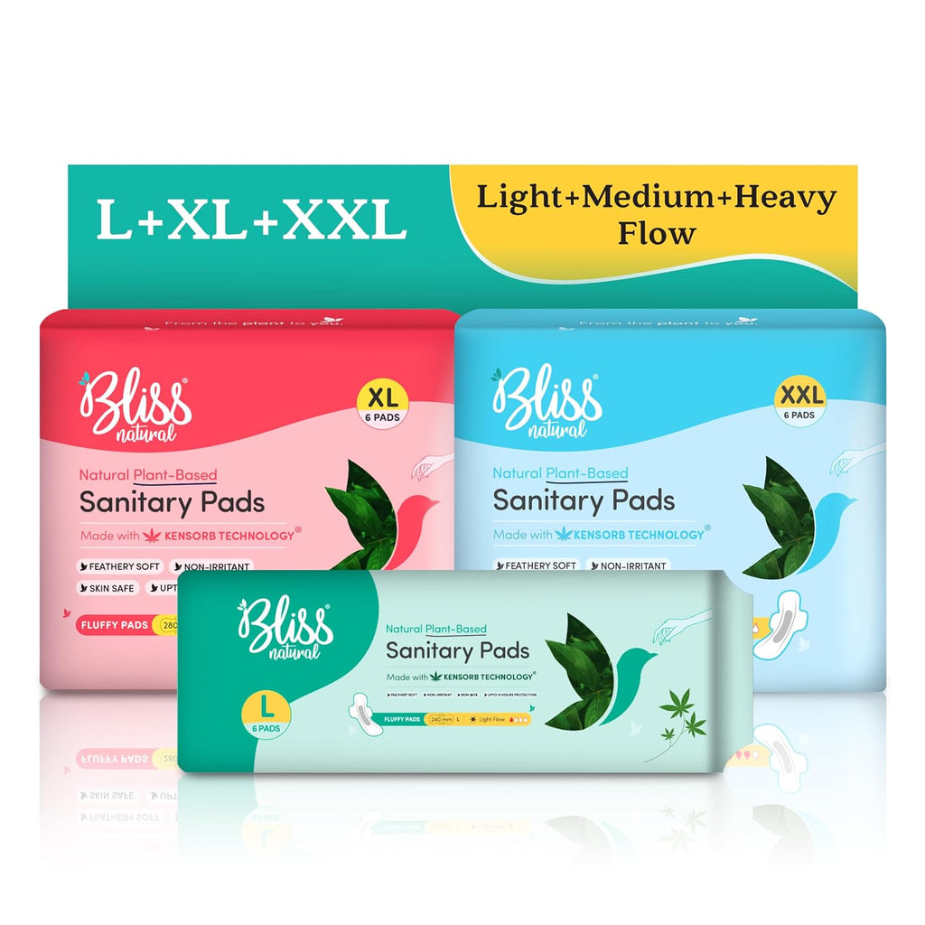 BLISSNATURAL Sanitary Pads Super Combo Pack of 18 | 6 L + 6 XL + 6 XXL |