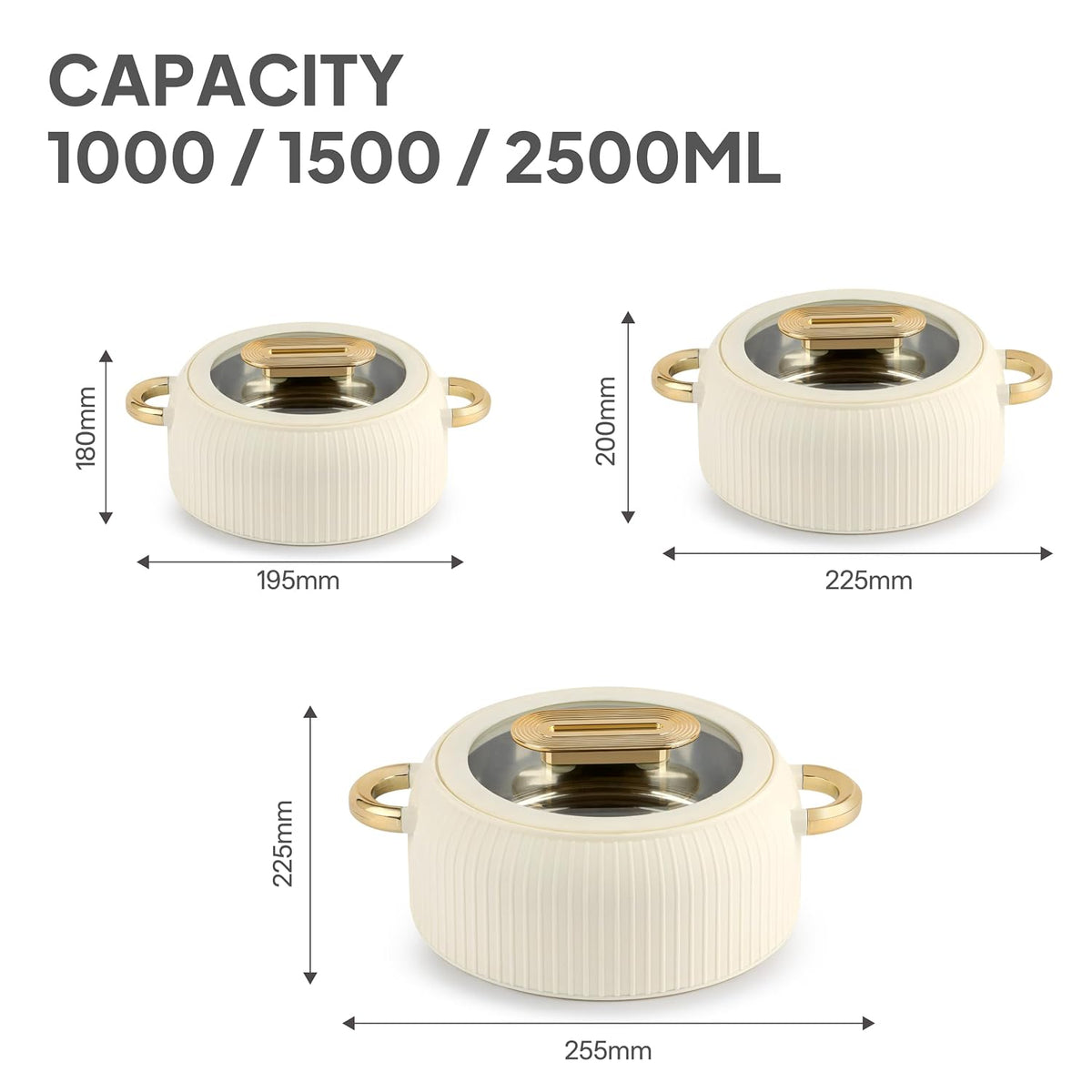 CELLO Castella Deluxe Insulated Steel Casserole Case Set of 3 Pcs, Ivory (1000ml, 1500ml, 2500ml) |