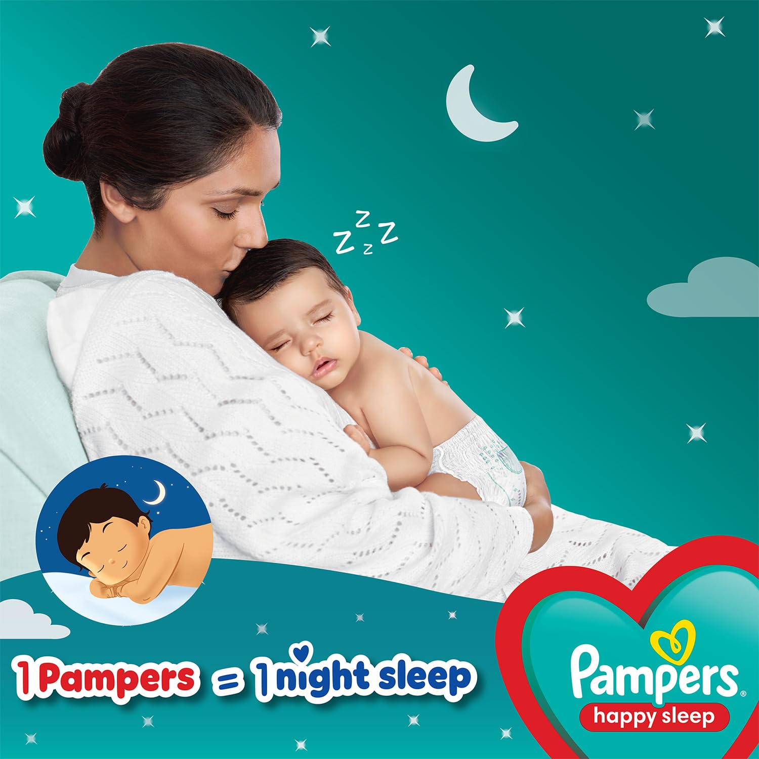 Pampers Happy Sleep Pant Style Baby Diapers, Medium (M), 100 Count, 1 Pampers : 1 Night Sleep, with Anti Rash Shield, 7-12 Kg Diapers