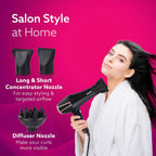 AGARO HD1128 Professional Hair Dryer, 2800 Watts, AC Motor, Concentrator Nozzle, Diffuser, Hot & Cold Air, 2 Speed & 3 Temperature Settings with...