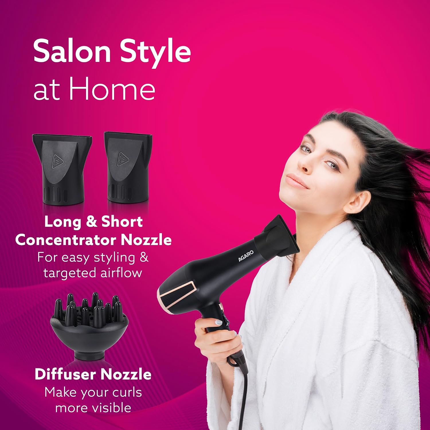AGARO HD1128 Professional Hair Dryer, 2800 Watts, AC Motor, Concentrator Nozzle, Diffuser, Hot & Cold Air, 2 Speed & 3 Temperature Settings with...
